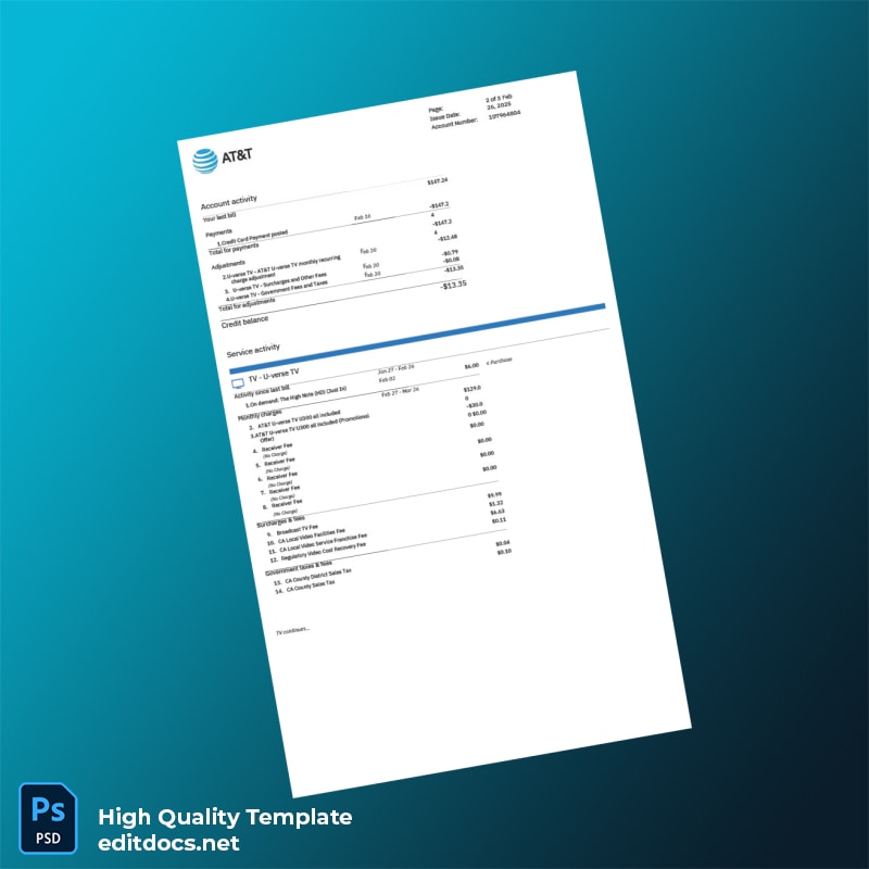 AT T Editable Utility Bill Template in Word and PDF formats page 2