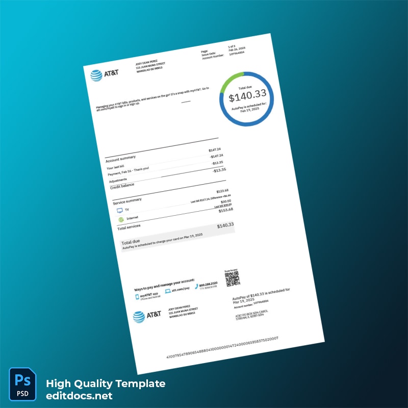 AT T Editable Utility Bill Template in Word and PDF formats