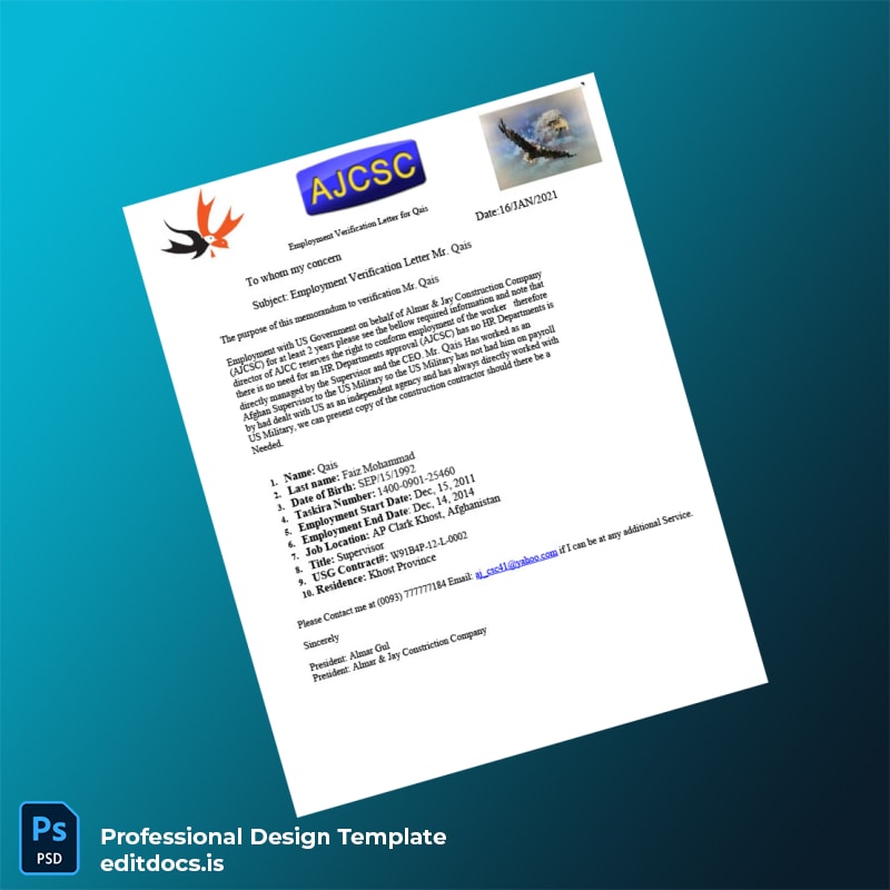 Editable Afghanistan AJ Construction Employment Verification Letter Template (Word&PDF) Page Preview - EditDocs