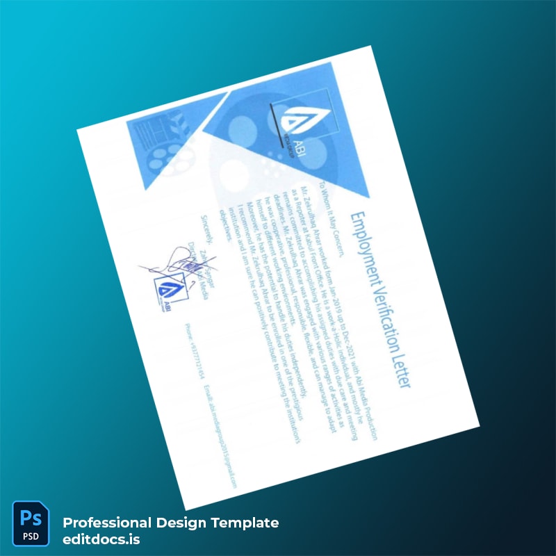 Editable Afghanistan Abi Media Employment Verification Letter Template (Word&PDF) Page Preview - EditDocs