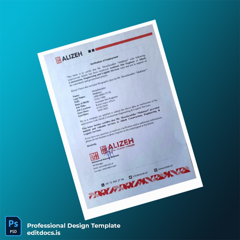 Editable Afghanistan Alizeh Employment Verification Letter Template (Word&PDF) Page Preview - EditDocs