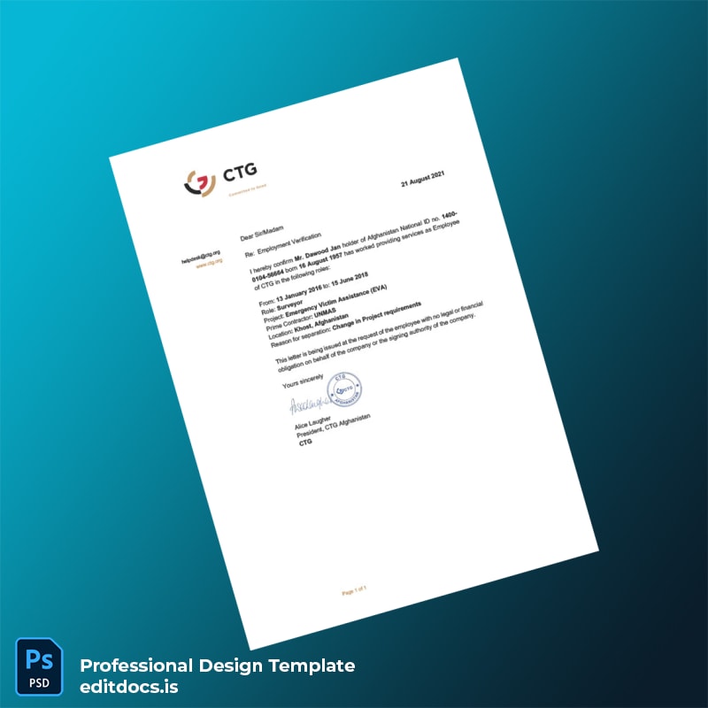 Editable Afghanistan CTG Employment Verification Letter Template (Word&PDF) Page Preview - EditDocs
