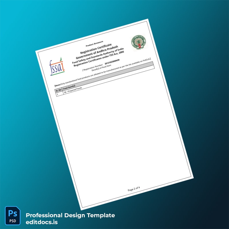 Editable Andhra Pradesh Food Safety and Standards Authority of India Registration Certificate Template in Word and PDF formats page 2 Page Preview - EditDocs