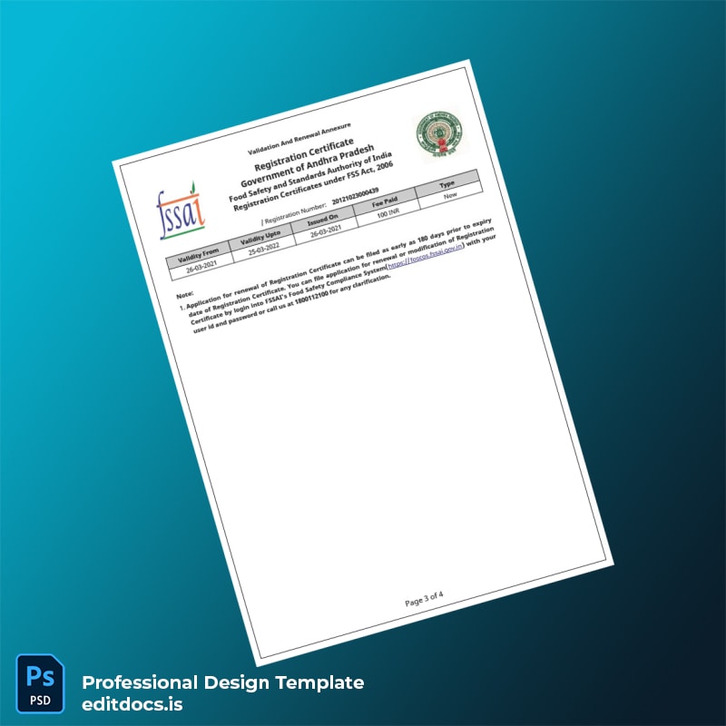 Editable Andhra Pradesh Food Safety and Standards Authority of India Registration Certificate Template in Word and PDF formats page 3 Page Preview - EditDocs