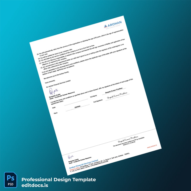 Editable Arohan Financial Services Limited Employment Verification Letter Template in Word and PDF formats page 3 Page Preview - EditDocs