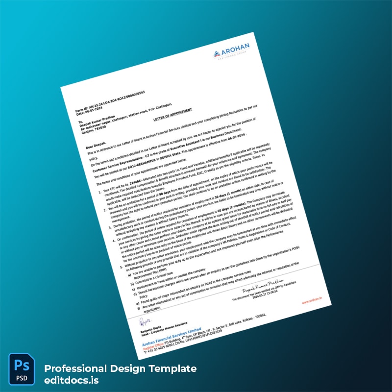 Editable Arohan Financial Services Limited Employment Verification Letter Template (Word&PDF) Page Preview - EditDocs