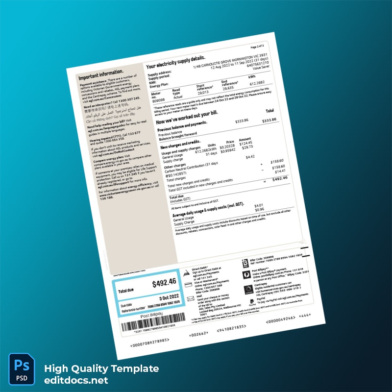 Australia AGL Sales Pty Limited Editable Electricity Bill Template in Word and PDF formats page 2
