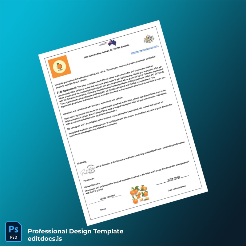 Editable Australia AUS GROUPS Employment Verification Letter Template in Word and PDF formats page 3 Page Preview - EditDocs