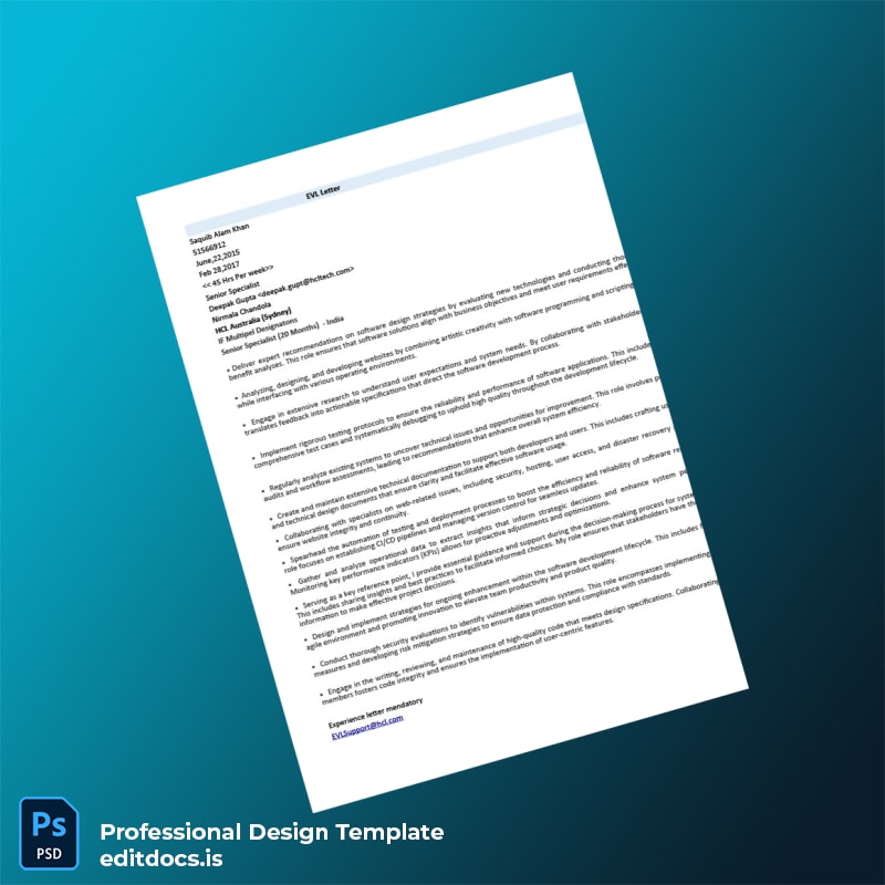 Editable Australia HCL Australia Employment Verification Letter Template in Word and PDF formats page 2 Page Preview - EditDocs