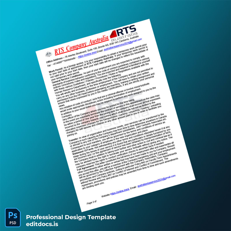 Editable Australia RTS Company Employment Verification Letter Template in Word and PDF formats page 2 Page Preview - EditDocs