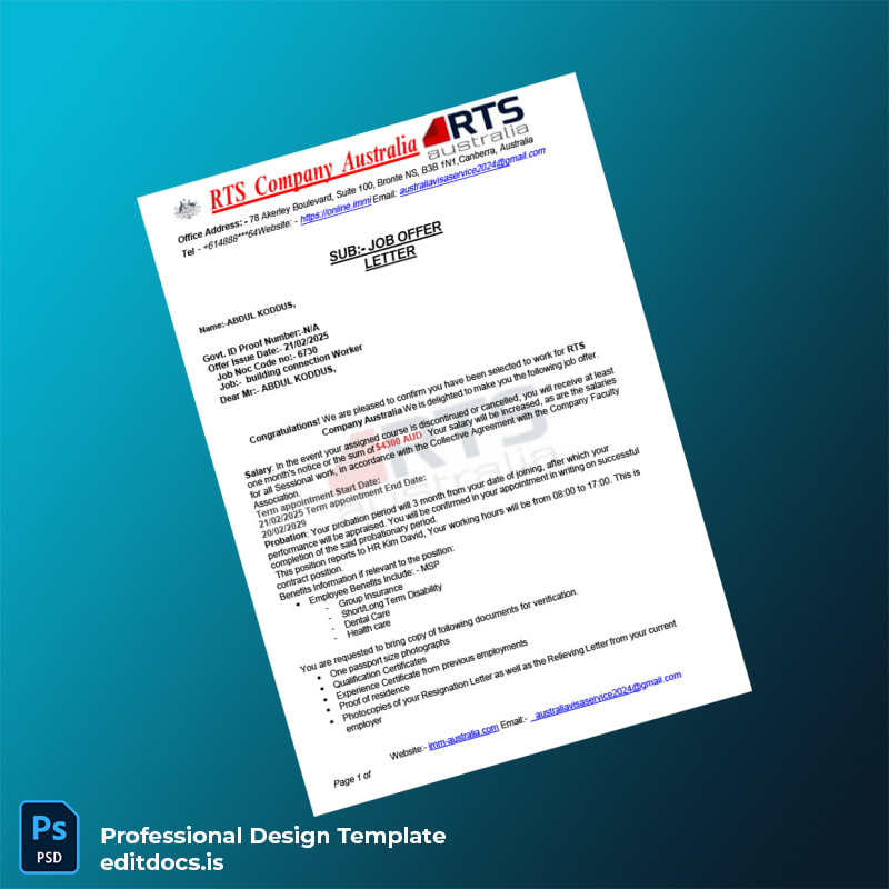 Editable Australia RTS Company Employment Verification Letter Template (Word&PDF) Page Preview - EditDocs
