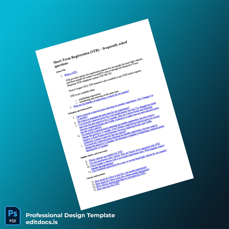 Editable Australia Roads and Maritime Services Short Term Registration Certificate Template in Word and PDF formats page 2 Page Preview - EditDocs
