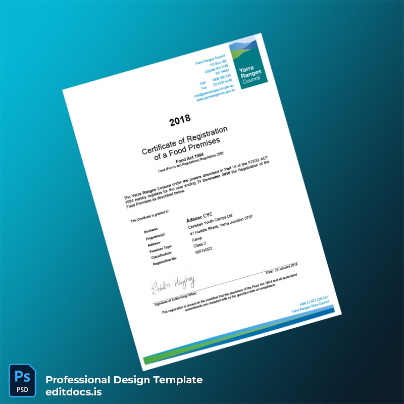 Editable Australia Yarra Ranges Council Registration Certificate Template (Word&PDF) Page Preview - EditDocs