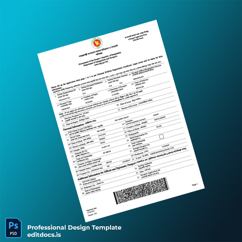 Editable Bangladesh Department of Immigration and Passport Registration Form Template (Word&PDF) Page Preview - EditDocs