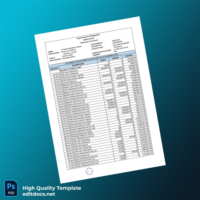 Bangladesh EXIM Bank Statement Template in Word and PDF formats