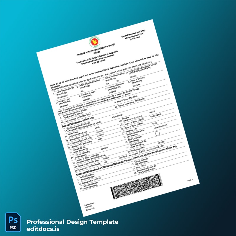 Editable Bangladesh Government Department of Immigration and Passports Registration Form Template (Word&PDF) Page Preview - EditDocs