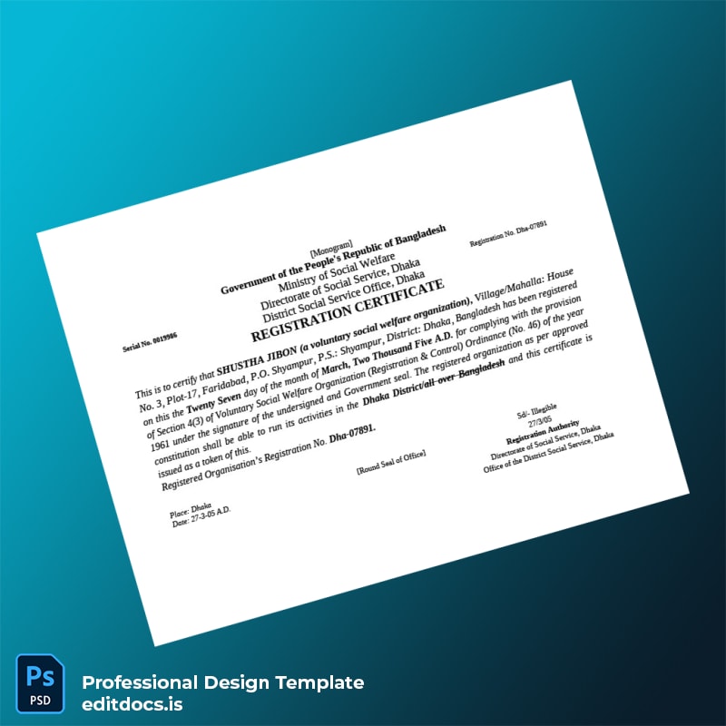 Editable Bangladesh Ministry of Social Welfare Registration Certificate Template (Word&PDF) Page Preview - EditDocs