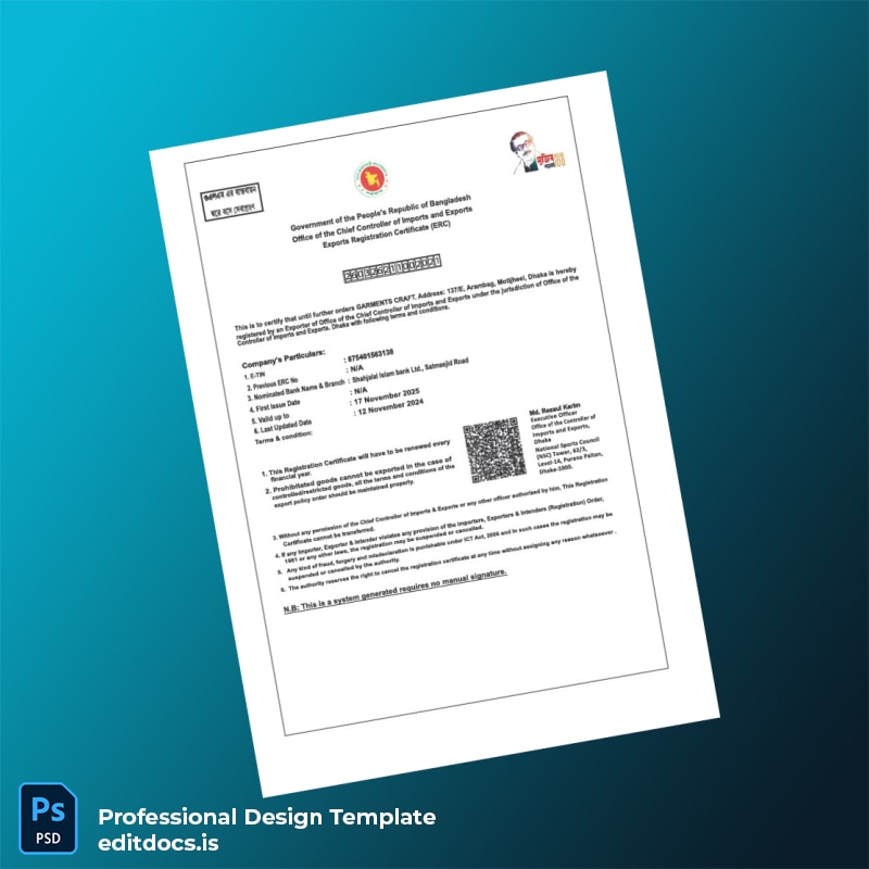 Editable Bangladesh Office of the Chief Controller of Imports and Exports Export Registration Certificate Template in Word and PDF format Page Preview