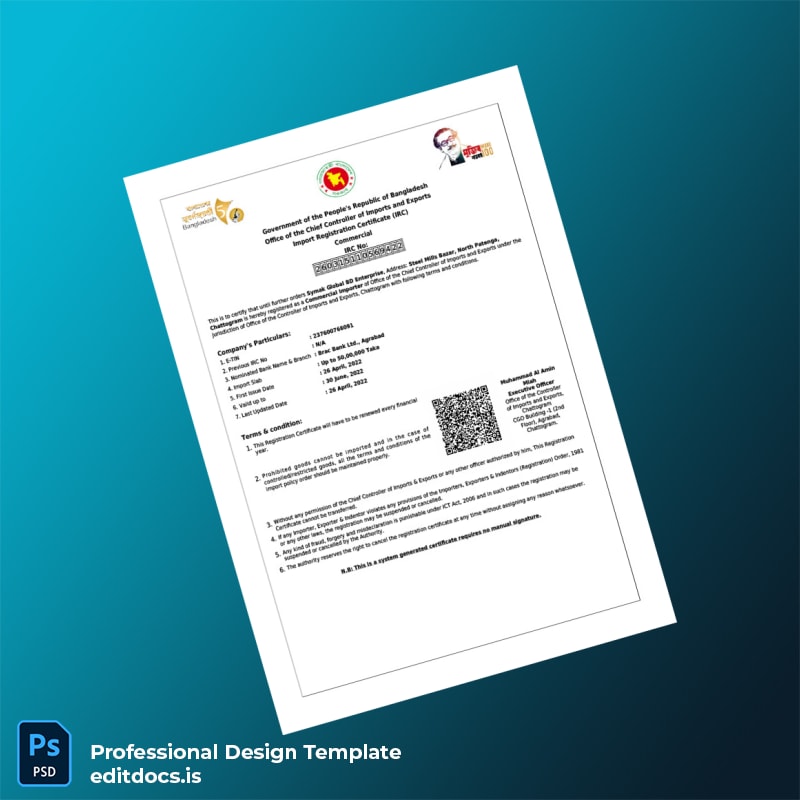 Editable Bangladesh Office of the Controller of Imports and Exports Import Registration Certificate Template (Word&PDF) Page Preview - EditDocs