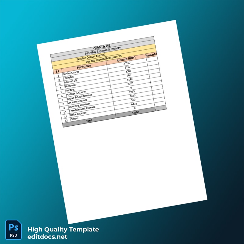 Bangladesh Quick Fix Ltd Editable Petty Cash Details Template in Word and PDF formats