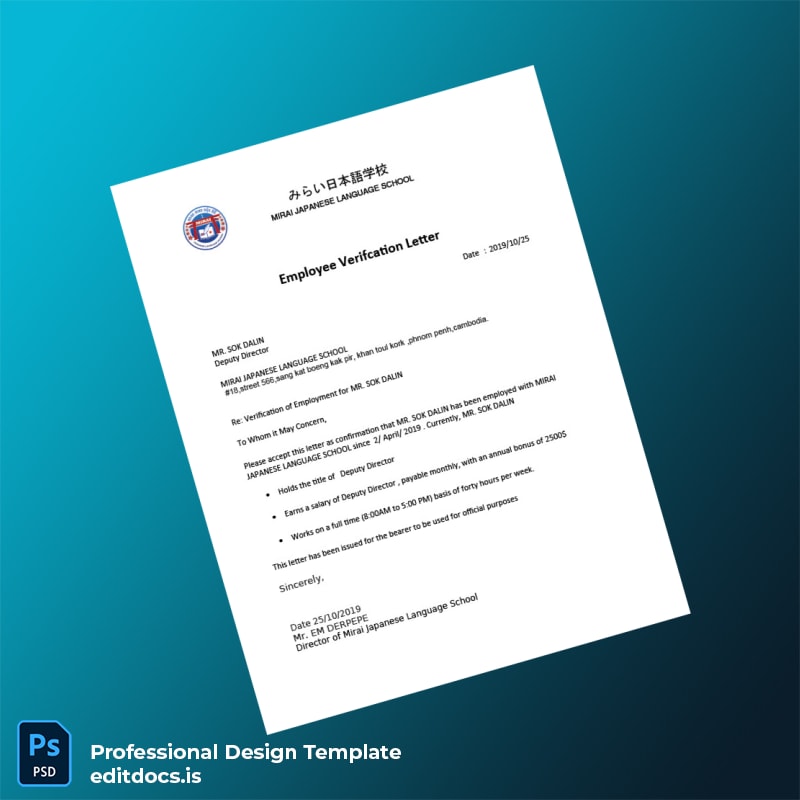 Editable Cambodia Mirai Japanese Language School Employment Verification Letter Template (Word&PDF) Page Preview - EditDocs