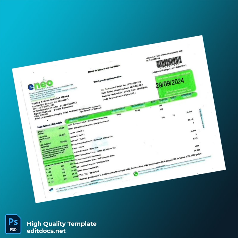 Cameroon Portes S A Editable Utility Bill Template in Word and PDF formats
