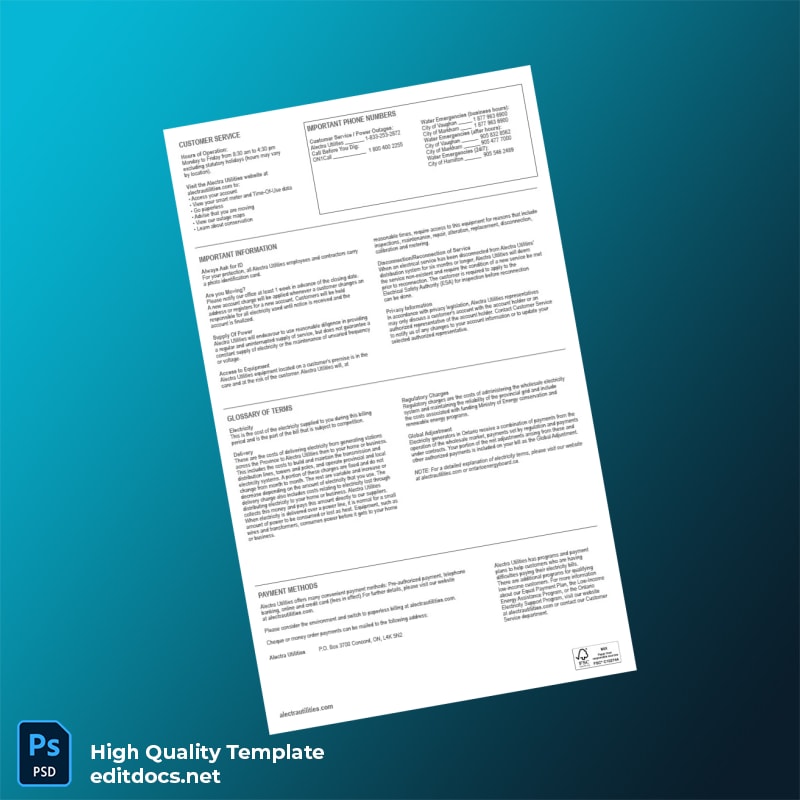 Canada Alectra Utilities Corporation Editable Utility Bill Template in Word and PDF formats page 2