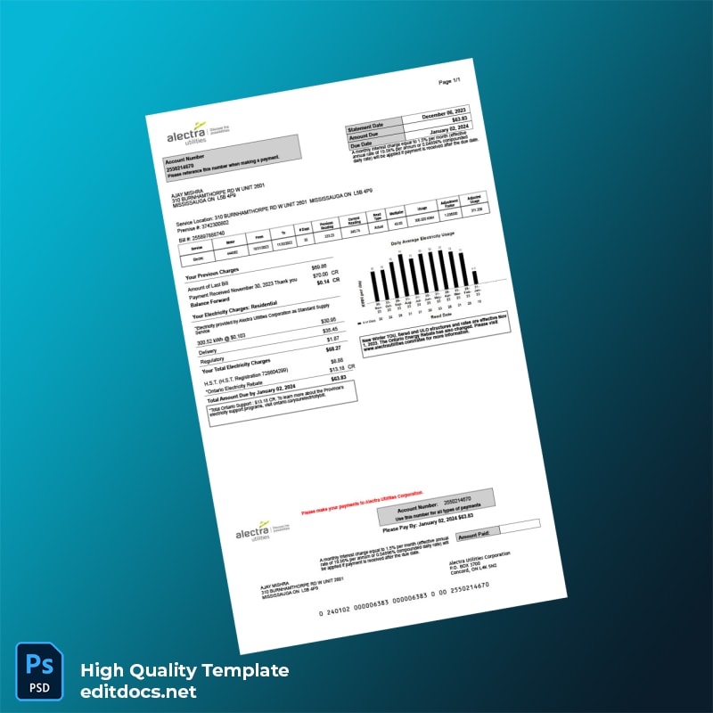 Canada Alectra Utilities Corporation Editable Utility Bill Template in Word and PDF formats