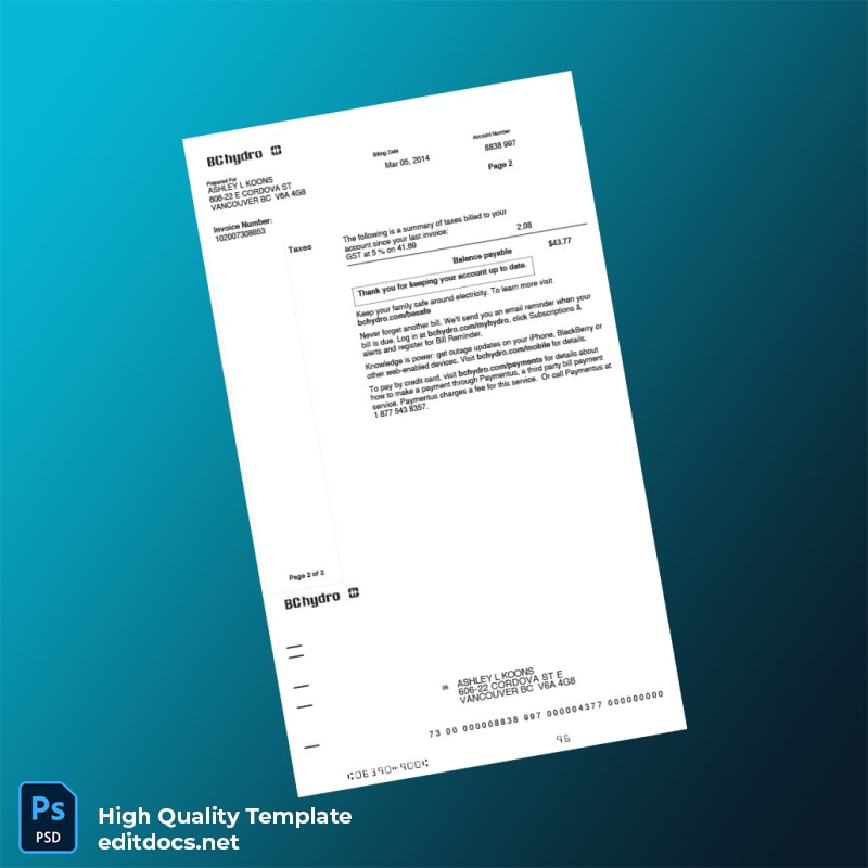 Canada BC Hydro Editable Utility Bill Template in Word and PDF formats page 2