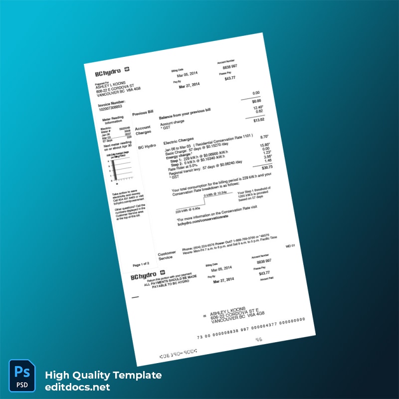 Canada BC Hydro Editable Utility Bill Template in Word and PDF formats