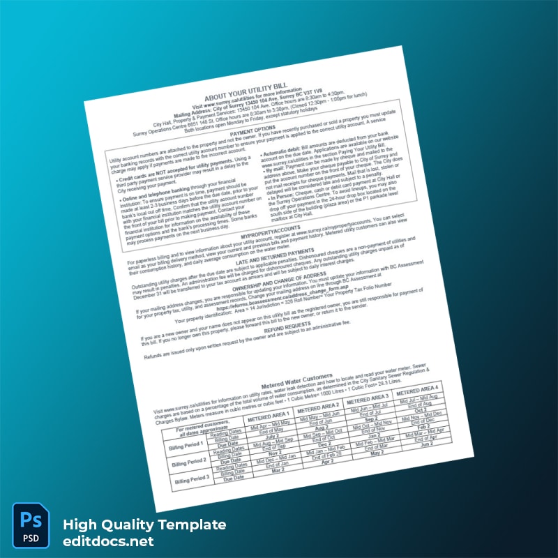 Canada City Of Surrey Editable Utility Bill Template in Word and PDF formats page 2
