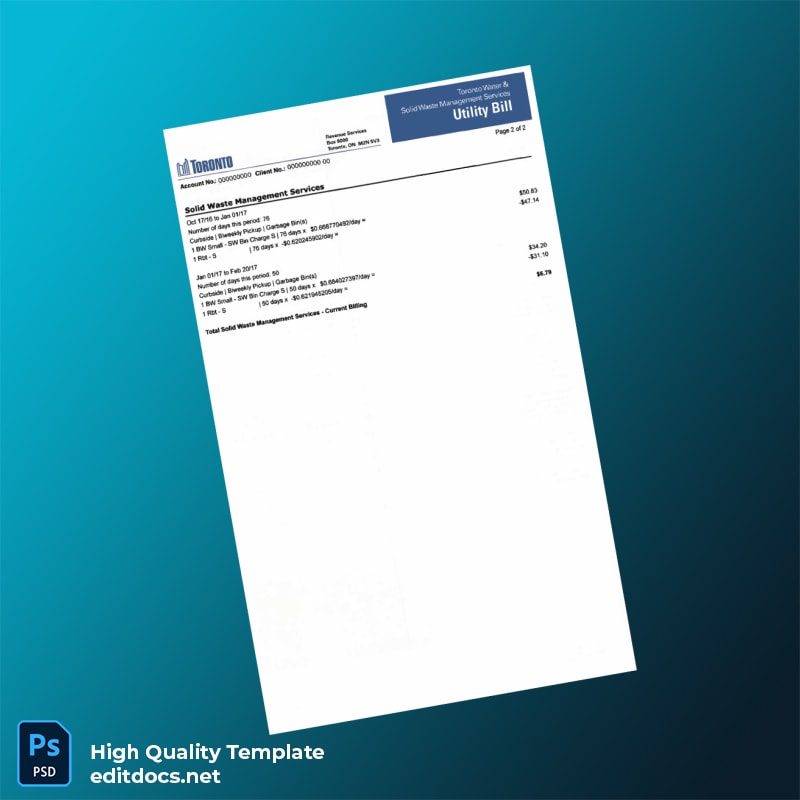 Canada City Of Toronto Editable Utility Bill Template in Word and PDF formats page 2