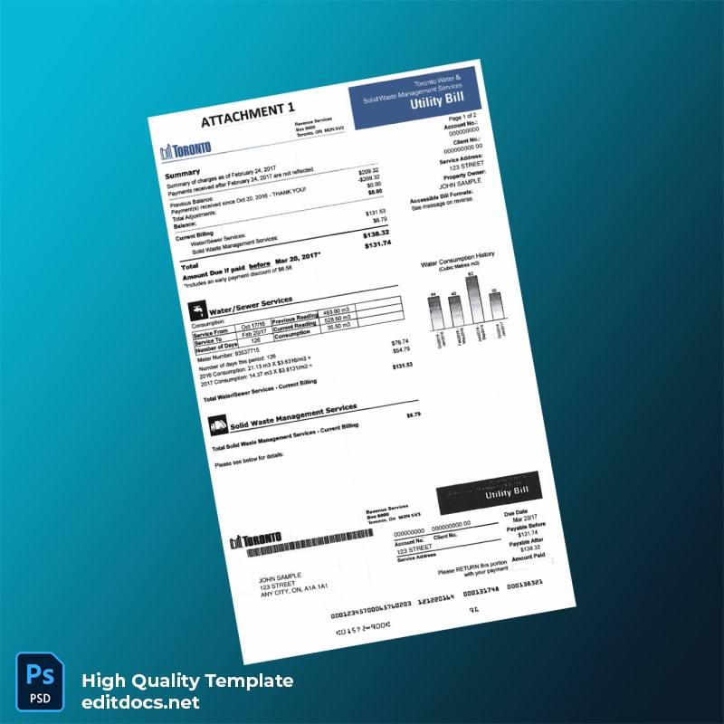 Canada City Of Toronto Editable Utility Bill Template in Word and PDF formats