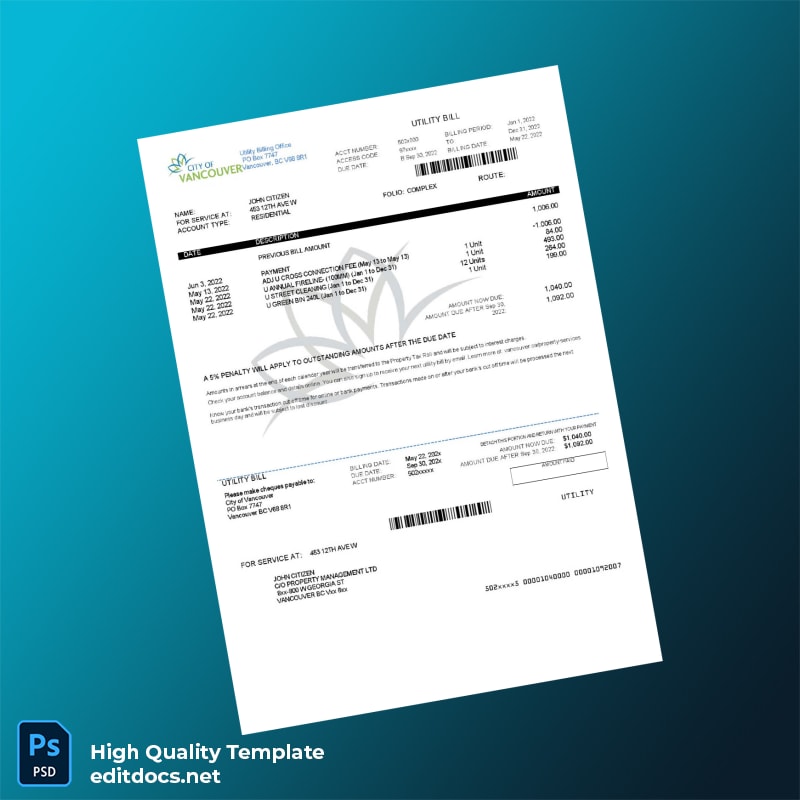 Canada City Of Vancouver Editable Utility Bill Template in Word and PDF formats