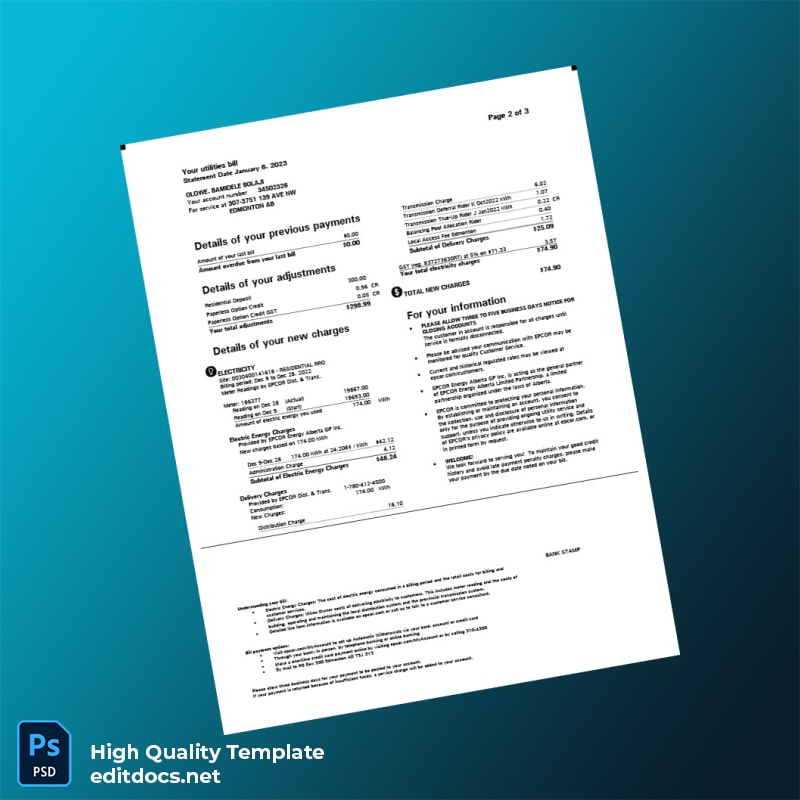 Canada EPCOR Editable Electricity Bill Template in Word and PDF formats page 2