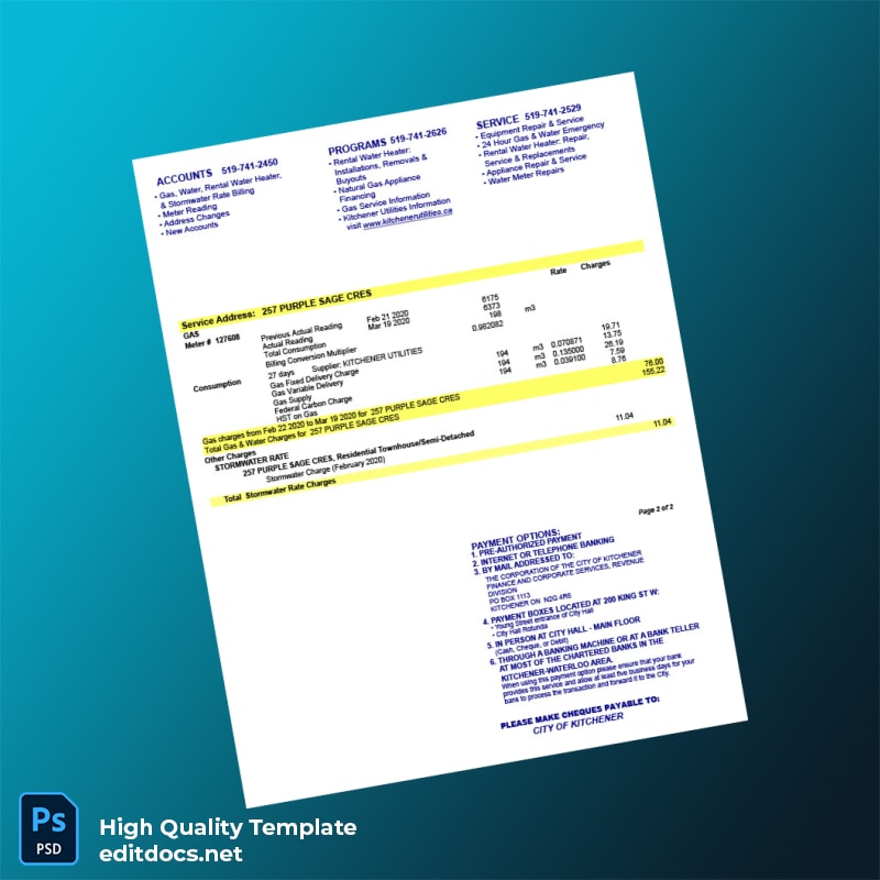 Canada Kitchener Utilities Editable Utility Bill Template in Word and PDF formats page 2