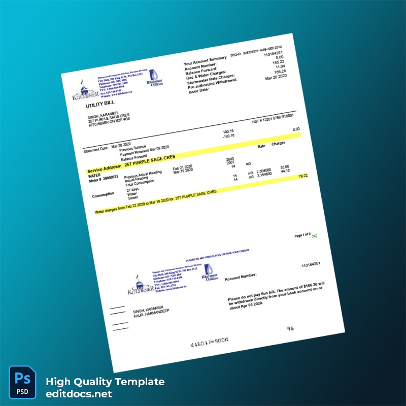 Canada Kitchener Utilities Editable Utility Bill Template in Word and PDF formats
