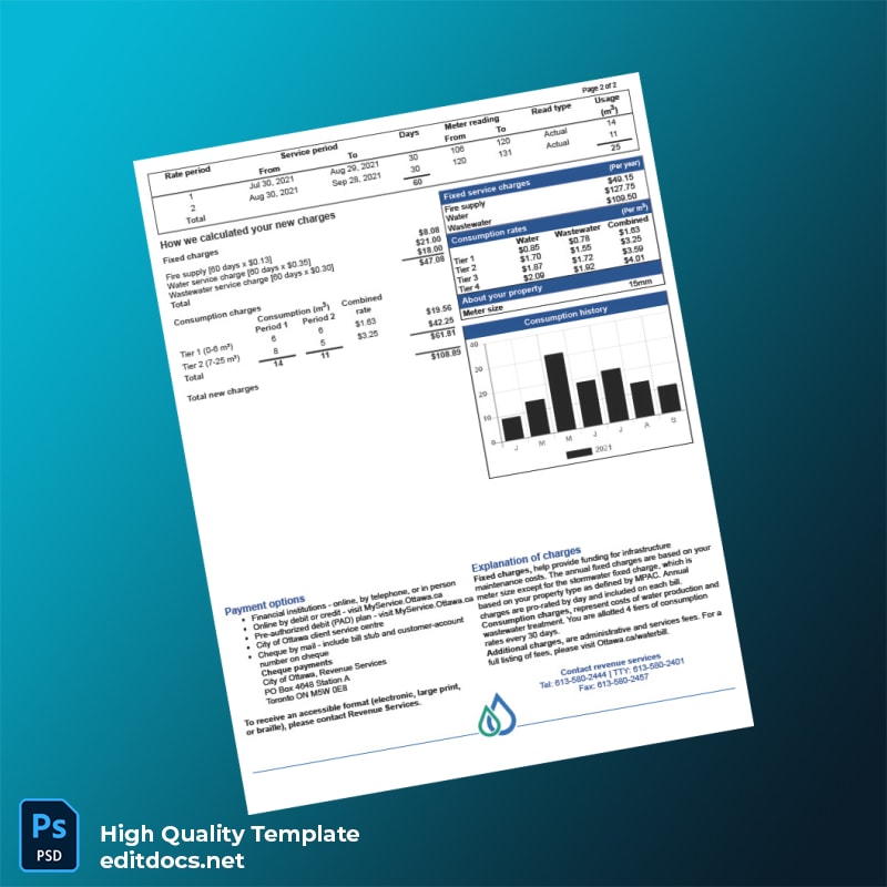 Canada Ottawa Water Utility Editable Water Bill Template in Word and PDF formats page 2