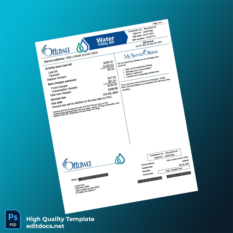 Canada Ottawa Water Utility Editable Water Bill Template in Word and PDF formats