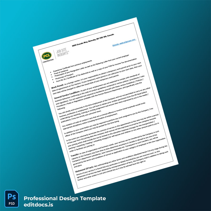 Editable Canada PCL GROUPS Employment Verification Letter Template in Word and PDF formats page 2 Page Preview - EditDocs