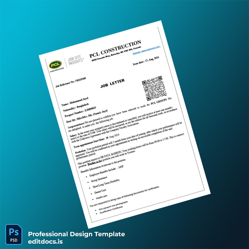 Editable Canada PCL GROUPS Employment Verification Letter Template (Word&PDF) Page Preview - EditDocs