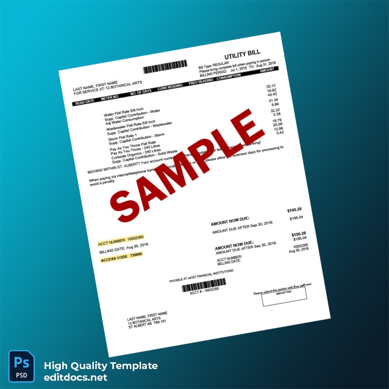 Canada St Albert Editable Water Bill Template in Word and PDF formats