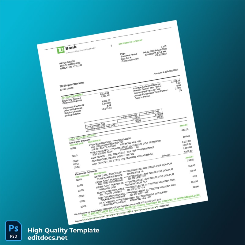 Canada TD Bank Statement Template in Word and PDF formats