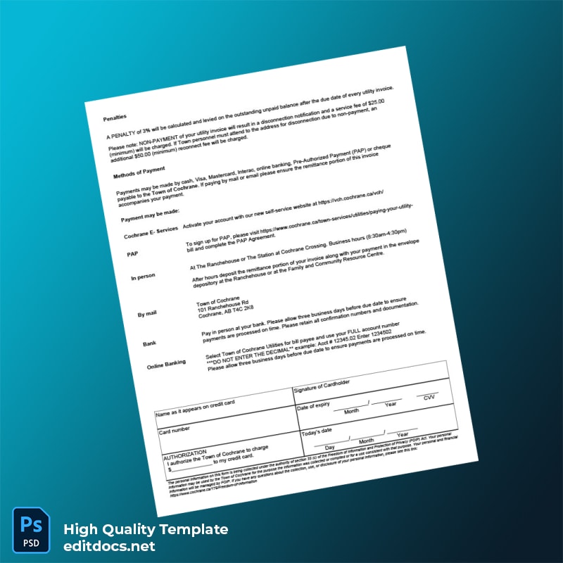 Canada Town Of Cochrane Editable Water Bill Template in Word and PDF formats page 2