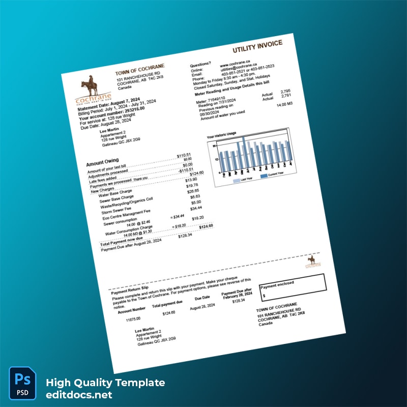 Canada Town Of Cochrane Editable Water Bill Template in Word and PDF formats
