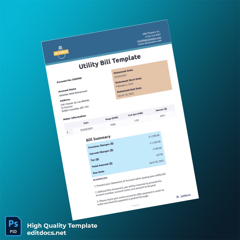 Canada Utility Bill Template Editable Utility Bill Template in Word and PDF formats