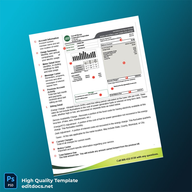 Carroll Electric Cooperative Corporation Editable Electricity Bill Template in Word and PDF formats page 2