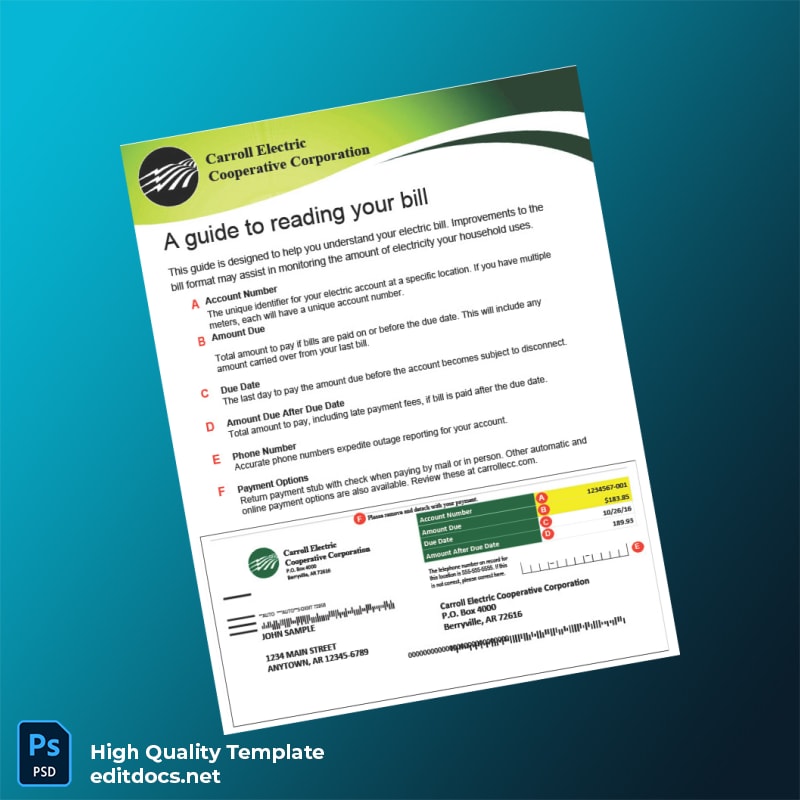 Carroll Electric Cooperative Corporation Editable Electricity Bill Template in Word and PDF formats