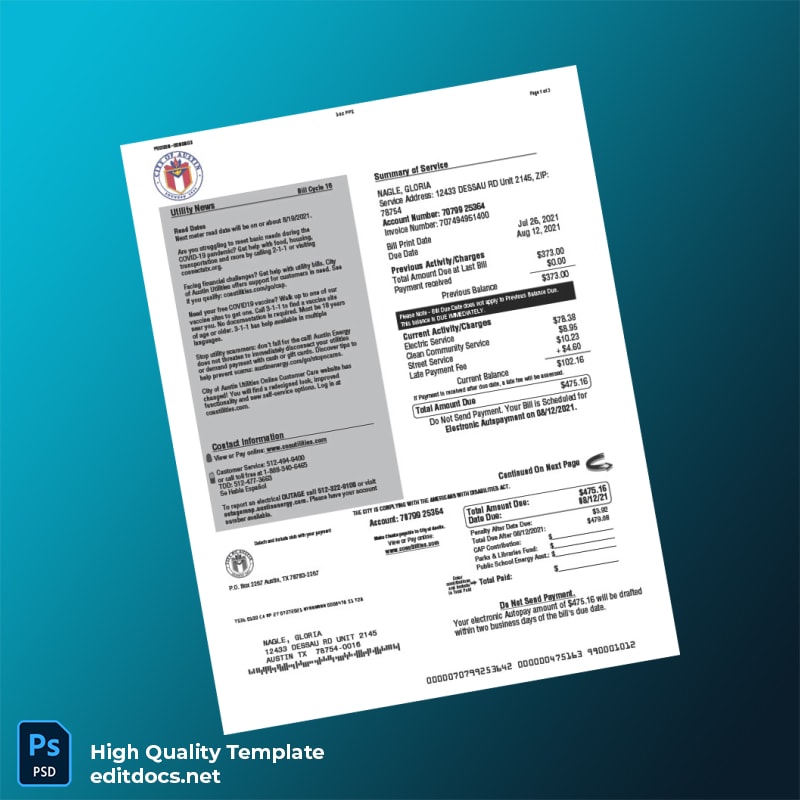 City Of Austin Editable Utility Bill Template in Word and PDF formats