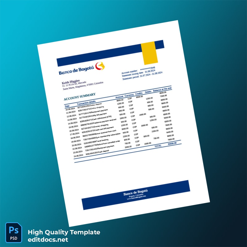 Colombia Banco De Bogot Editable Bank Statement Template in Word and PDF formats